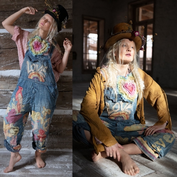 New Magnolia Pearl Love Applique Overalls Woodstock 032 Overall Denim Jeans jean - Picture 9 of 17